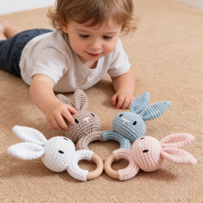 Travel Accessories For 3 Year Old - Wooden Baby Rattle Toy Handmade Crochet